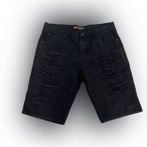 Y2K Southpole Men’s 34 Black Denim Shorts Distressed Ripped Baggy Vintage